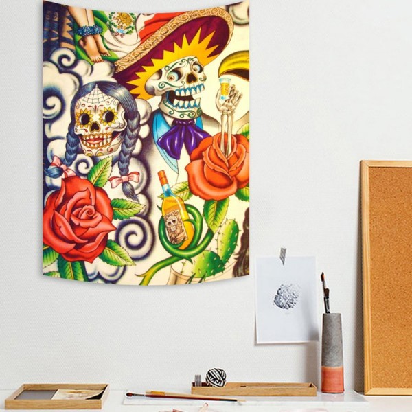 Colorful Skull Hippie - 145*130cm - Printed Tapestry