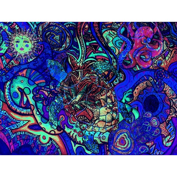 Psychedelic turtle - UV Reactive Tapestry with Wall Hanging Accessories